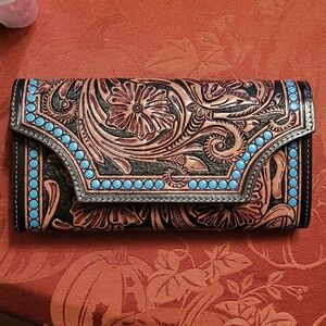 Floral Embossed Leather Clutch with Turquoise Accents